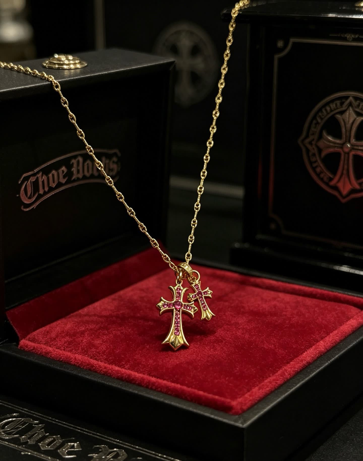 Chrome Hearts Gold Cross Pendant with Ruby Stones